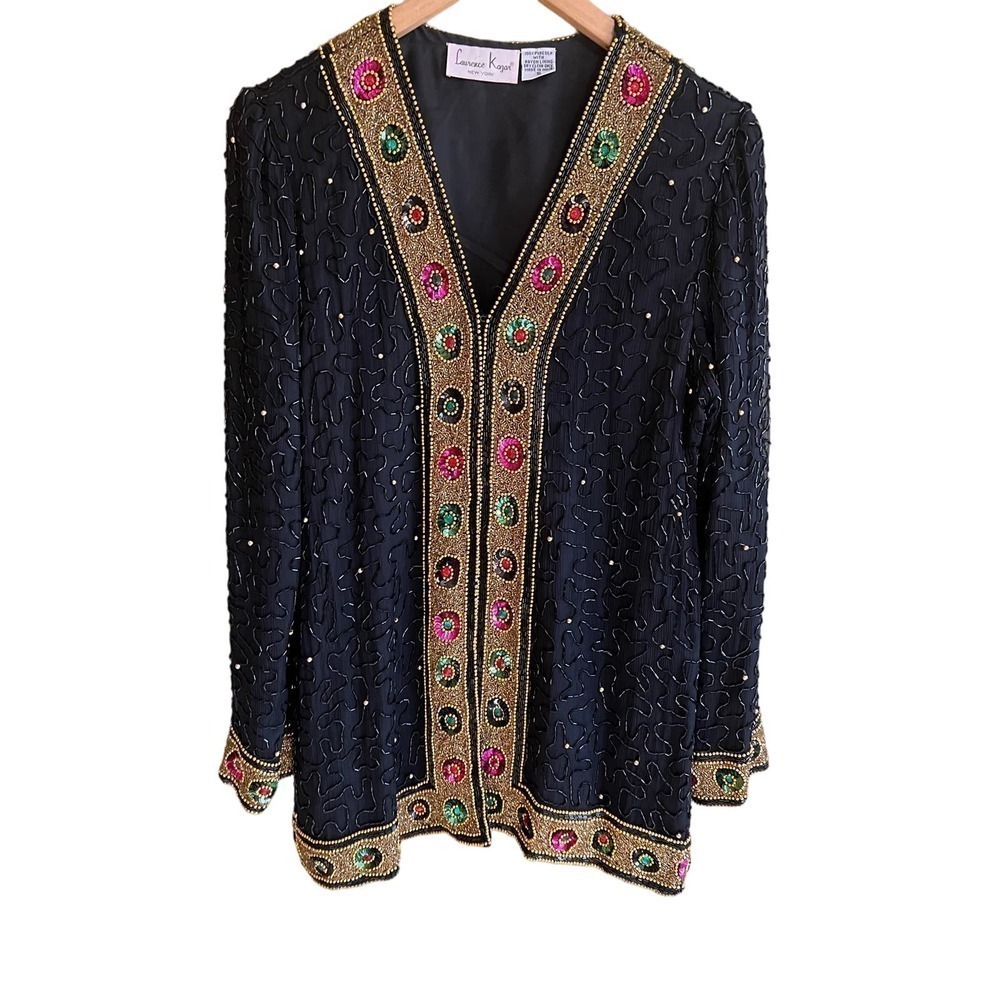 Lawrence Kazar- Silk - Beaded Evening Jacket - Size L vintage 80’s
